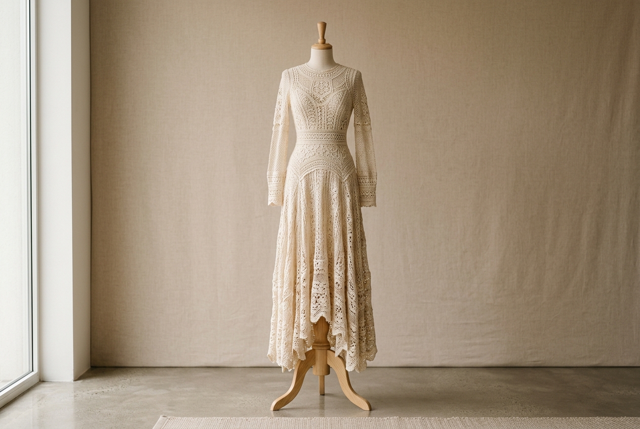Vestido de crochê artesanal premium em exibição