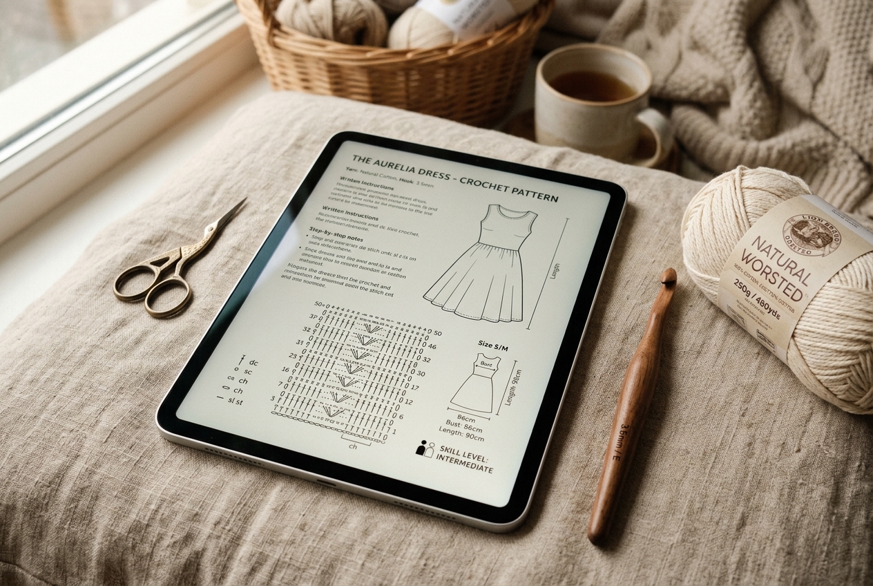 Material digital Ponto de Renda exibido em tablet com receitas de crochê