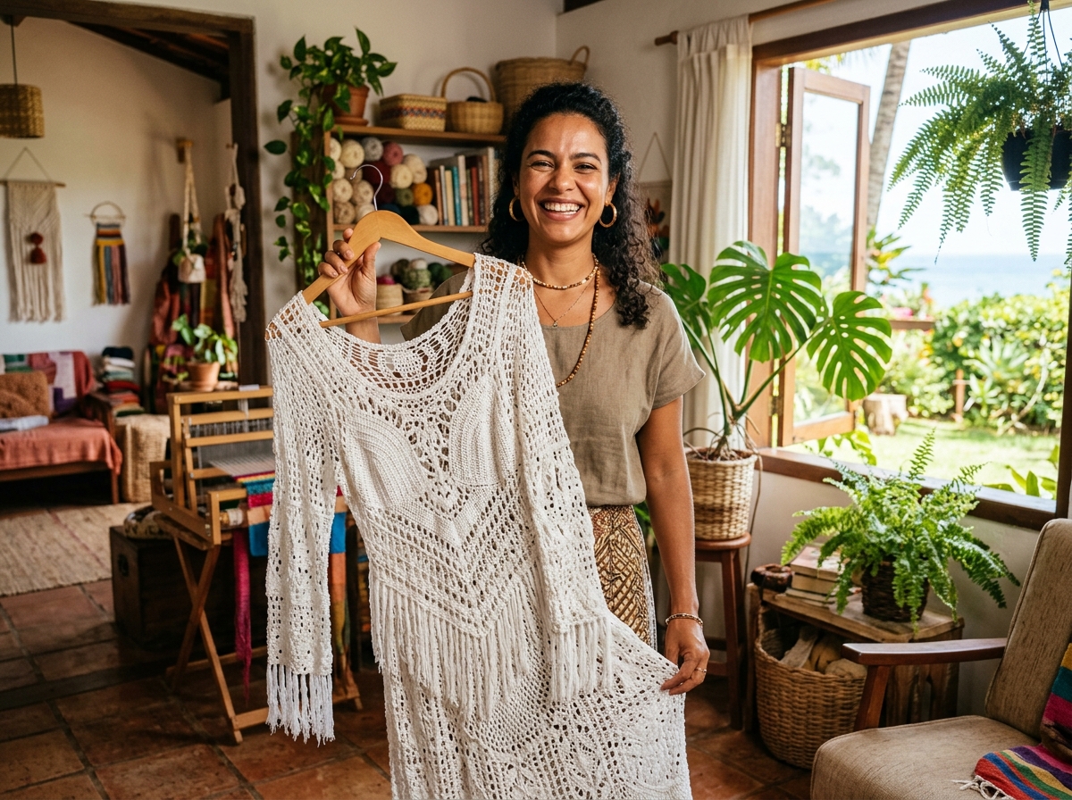 Vestido de praia em crochê artesanal confeccionado por Mariana