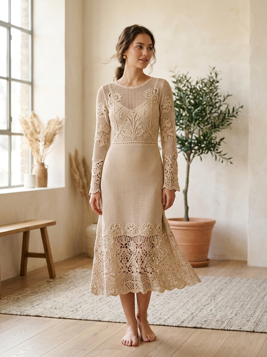 Vestido de crochê bege com padrão floral