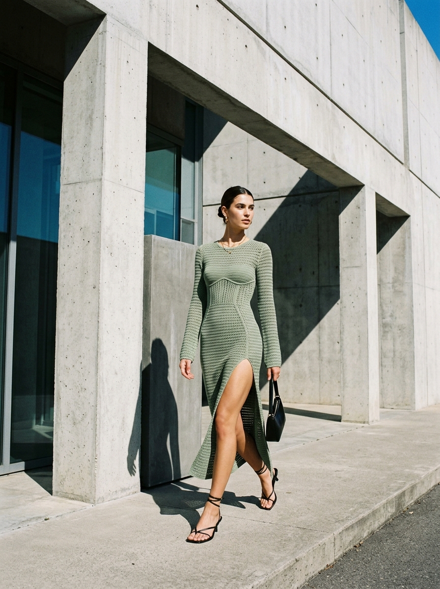 Vestido de crochê verde sálvia com fenda