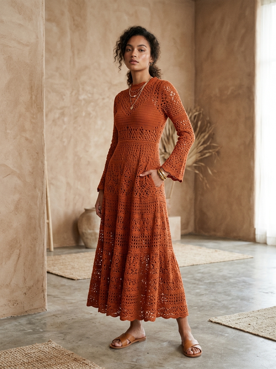 Vestido de crochê laranja ferrugem com decote